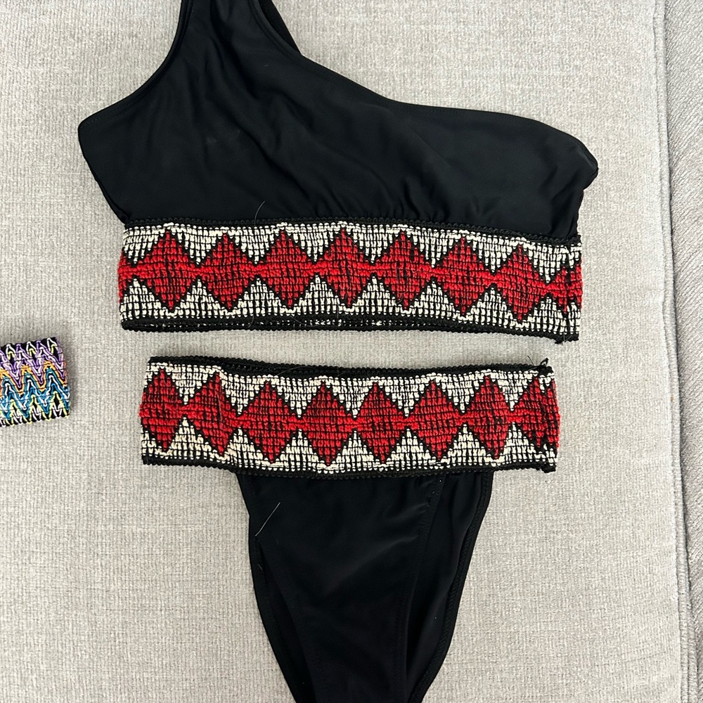 Black One-Shoulder Bikini with Red Beaded Chevron Trim
